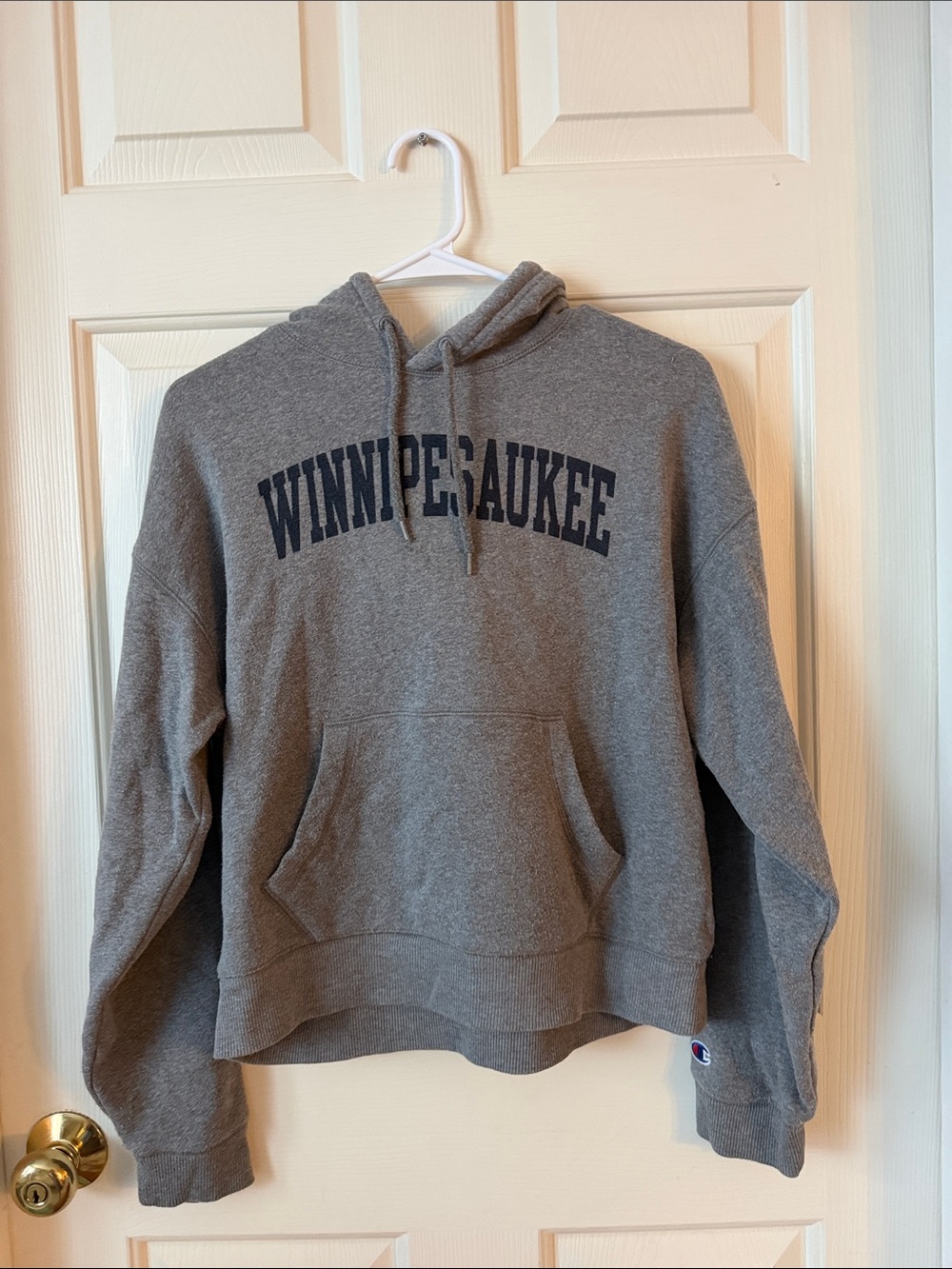 Champion Women's Gray Hoodie with Navy 'WINNIPESAUKEE' Chest Print